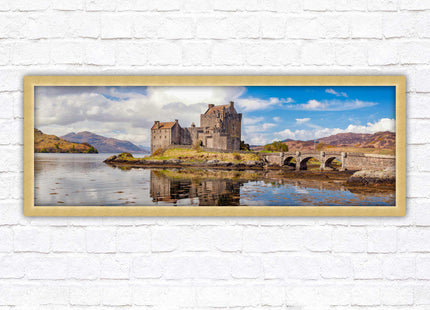 Castle in Scottish Highlands. Framed panoramic picture print, Eilean Donan Castle, Scotland. A choice of picture frames.