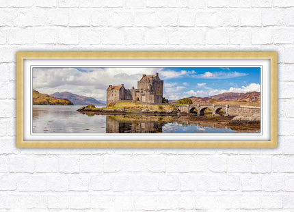 Castle in Scottish Highlands. Framed panoramic picture print, Eilean Donan Castle, Scotland. A choice of picture frames.