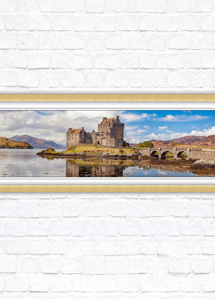 Castle in Scottish Highlands. Framed panoramic picture print, Eilean Donan Castle, Scotland. A choice of picture frames.