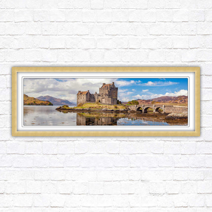 Castle in Scottish Highlands. Framed panoramic picture print, Eilean Donan Castle, Scotland. A choice of picture frames.