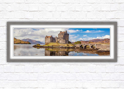 Castle in Scottish Highlands. Framed panoramic picture print, Eilean Donan Castle, Scotland. A choice of picture frames.