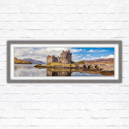 Castle in Scottish Highlands. Framed panoramic picture print, Eilean Donan Castle, Scotland. A choice of picture frames.