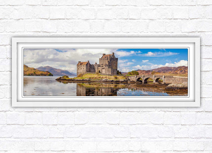 Castle in Scottish Highlands. Framed panoramic picture print, Eilean Donan Castle, Scotland. A choice of picture frames.