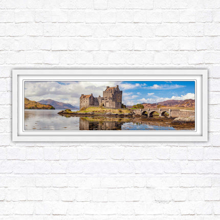Castle in Scottish Highlands. Framed panoramic picture print, Eilean Donan Castle, Scotland. A choice of picture frames.