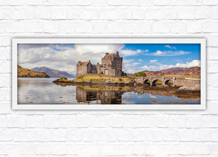Castle in Scottish Highlands. Framed panoramic picture print, Eilean Donan Castle, Scotland. A choice of picture frames.