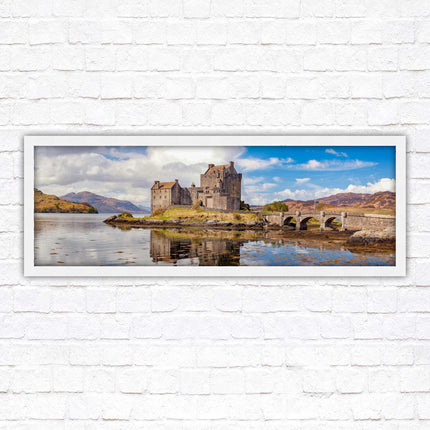 Castle in Scottish Highlands. Framed panoramic picture print, Eilean Donan Castle, Scotland. A choice of picture frames.