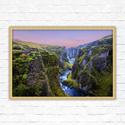 Icelandic canyon at sunset. Framed picture, framed print with a choice of frame colours.