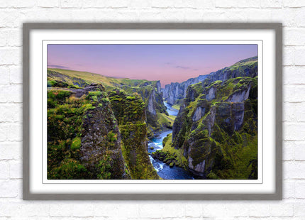 Icelandic canyon at sunset. Framed picture, framed print with a choice of frame colours.