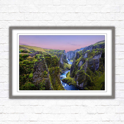 Icelandic canyon at sunset. Framed picture, framed print with a choice of frame colours.
