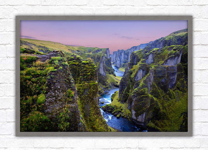Icelandic canyon at sunset. Framed picture, framed print with a choice of frame colours.