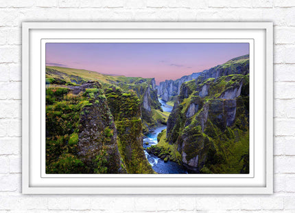 Icelandic canyon at sunset. Framed picture, framed print with a choice of frame colours.
