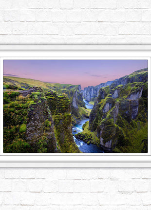 Icelandic canyon at sunset. Framed picture, framed print with a choice of frame colours.