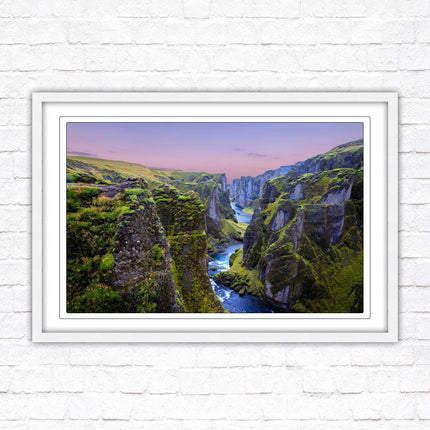 Icelandic canyon at sunset. Framed picture, framed print with a choice of frame colours.