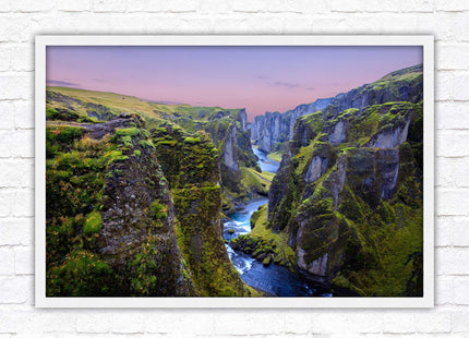 Icelandic canyon at sunset. Framed picture, framed print with a choice of frame colours.