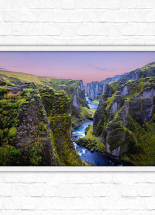 Icelandic canyon at sunset. Framed picture, framed print with a choice of frame colours.