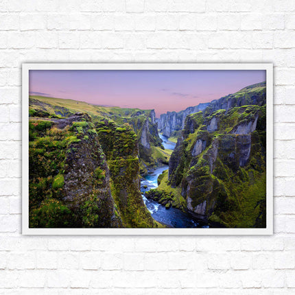 Icelandic canyon at sunset. Framed picture, framed print with a choice of frame colours.