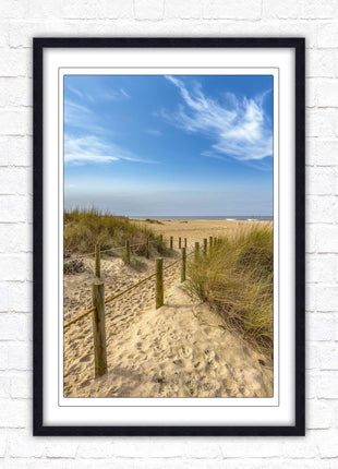 Beach path to the sea. Printed, Framed picture with choice of frame colours and options.
