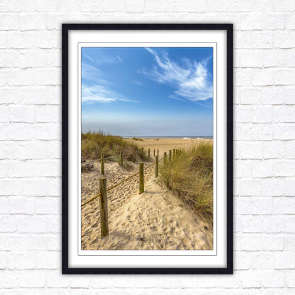 Beach path to the sea. Printed, Framed picture with choice of frame colours and options.