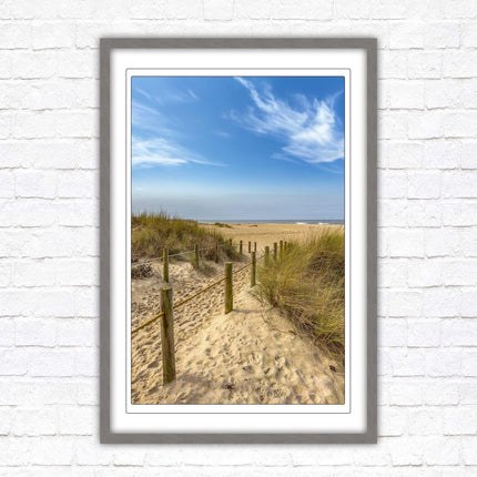 Beach path to the sea. Printed, Framed picture with choice of frame colours and options.