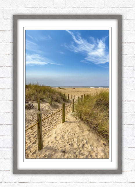 Beach path to the sea. Printed, Framed picture with choice of frame colours and options.