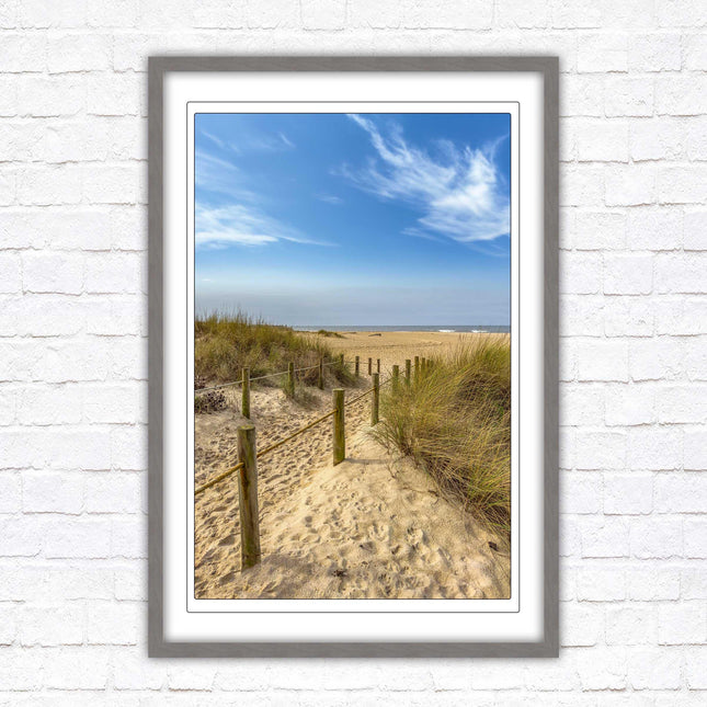 Beach path to the sea. Printed, Framed picture with choice of frame colours and options.