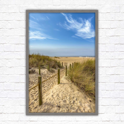 Beach path to the sea. Printed, Framed picture with choice of frame colours and options.