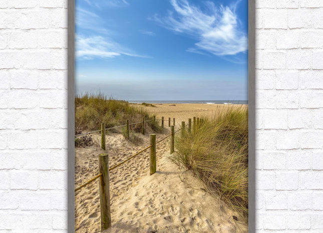 Beach path to the sea. Printed, Framed picture with choice of frame colours and options.