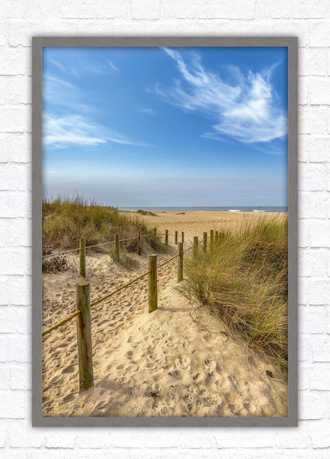 Beach path to the sea. Printed, Framed picture with choice of frame colours and options.