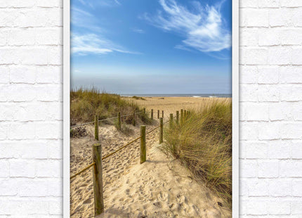 Beach path to the sea. Printed, Framed picture with choice of frame colours and options.