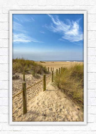 Beach path to the sea. Printed, Framed picture with choice of frame colours and options.