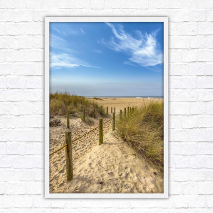 Beach path to the sea. Printed, Framed picture with choice of frame colours and options.