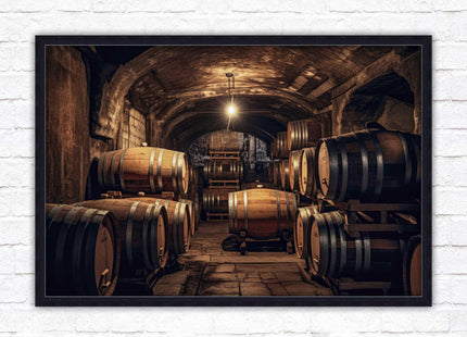 Whiskey barrels in storage. Print in picture frame. Available to order in a choice of frame colours