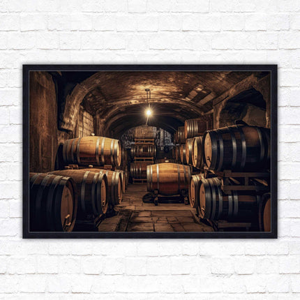 Whiskey barrels in storage. Print in picture frame. Available to order in a choice of frame colours