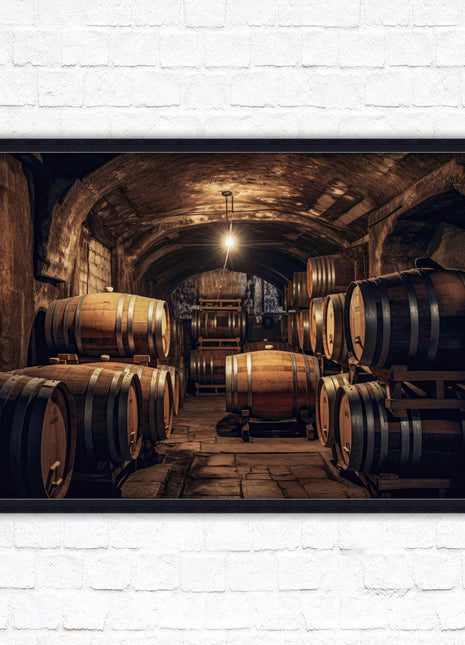 Whiskey barrels in storage. Print in picture frame. Available to order in a choice of frame colours