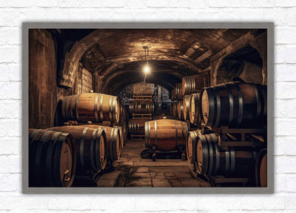 Whiskey barrels in storage. Print in picture frame. Available to order in a choice of frame colours