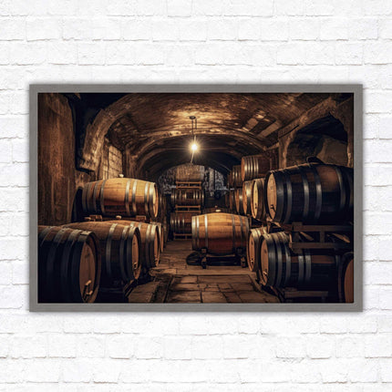 Whiskey barrels in storage. Print in picture frame. Available to order in a choice of frame colours