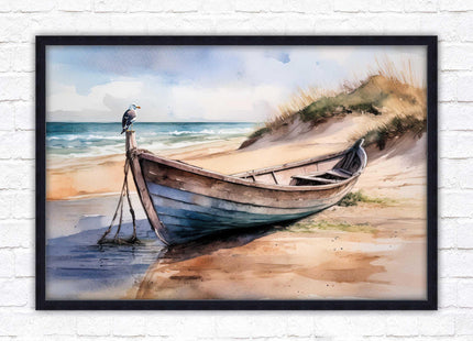 Framed picture, Boat on the beach soft watercolour painting print. Beach seascape. Choice of frame styles available.