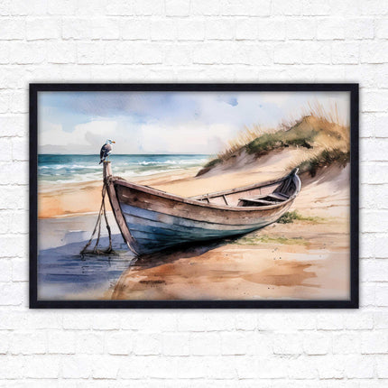 Framed picture, Boat on the beach soft watercolour painting print. Beach seascape. Choice of frame styles available.