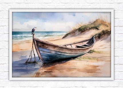 Framed picture, Boat on the beach soft watercolour painting print. Beach seascape. Choice of frame styles available.