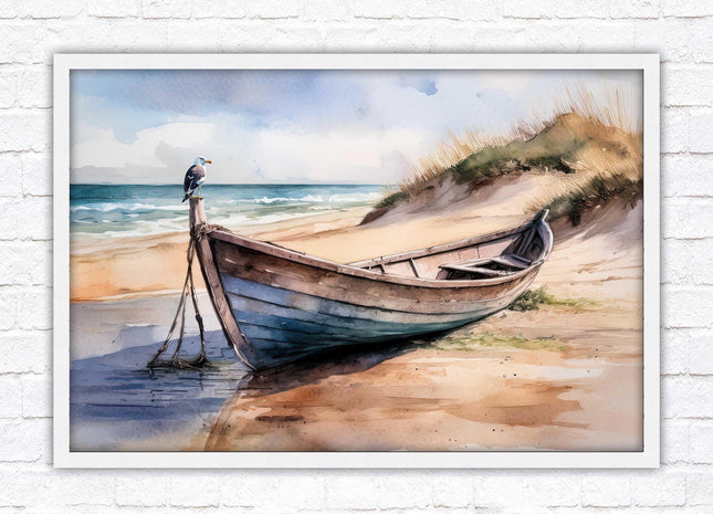 Framed picture, Boat on the beach soft watercolour painting print. Beach seascape. Choice of frame styles available.