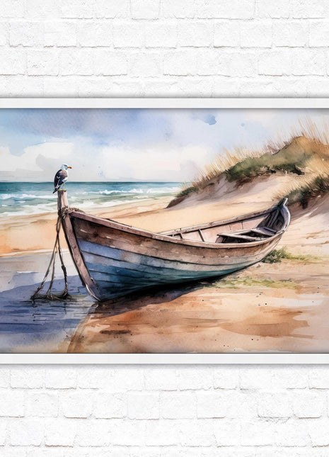 Framed picture, Boat on the beach soft watercolour painting print. Beach seascape. Choice of frame styles available.