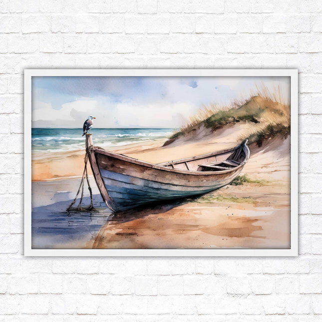 Framed picture, Boat on the beach soft watercolour painting print. Beach seascape. Choice of frame styles available.