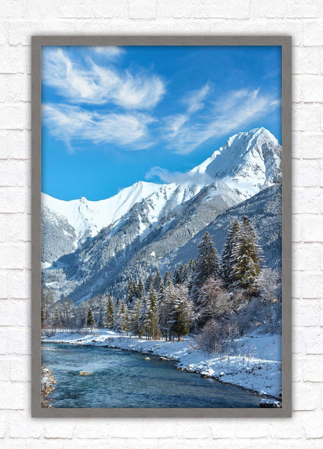 Framed picture Winter landscape of river and mountains, Austria. Choice of frame colours and options.