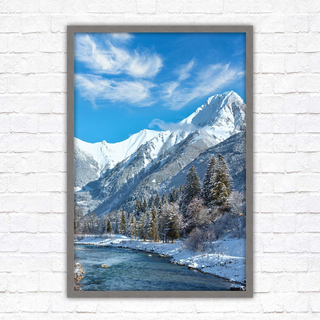 Framed picture Winter landscape of river and mountains, Austria. Choice of frame colours and options.