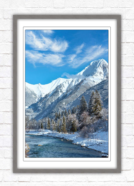 Framed picture Winter landscape of river and mountains, Austria. Choice of frame colours and options.