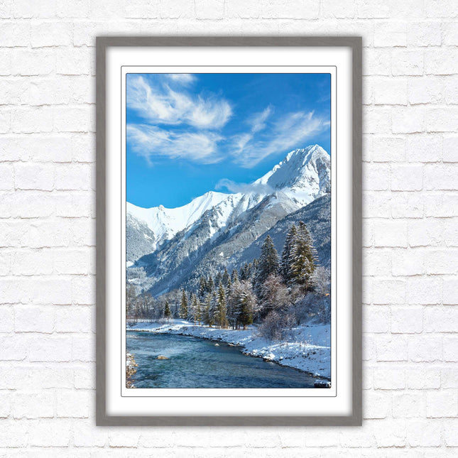 Framed picture Winter landscape of river and mountains, Austria. Choice of frame colours and options.