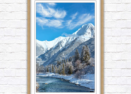 Framed picture Winter landscape of river and mountains, Austria. Choice of frame colours and options.