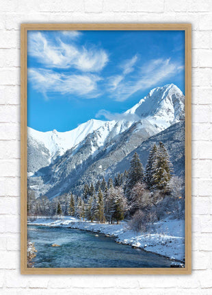 Framed picture Winter landscape of river and mountains, Austria. Choice of frame colours and options.
