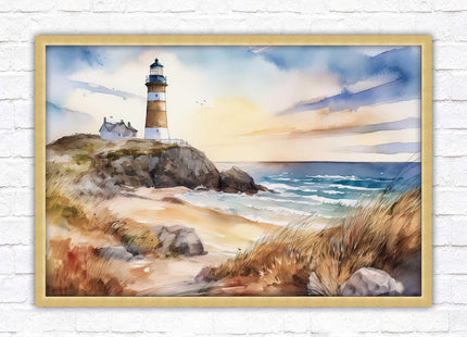 Framed picture, lighthouse on the headland, soft watercolour painting framed print. Beach seascape. Choice of frame styles available.