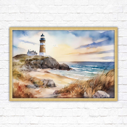 Framed picture, lighthouse on the headland, soft watercolour painting framed print. Beach seascape. Choice of frame styles available.
